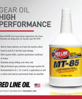 MT-85 Manual Transmission Gear Oil 75W-85 GL-4 1 Quart bottle with label, highlighting performance benefits for quicker shifts.