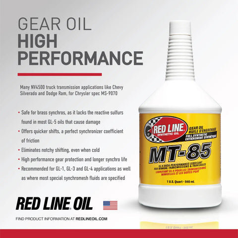 MT-85 Manual Transmission Gear Oil 75W-85 GL-4 1 Quart bottle with label, highlighting performance benefits for quicker shifts.
