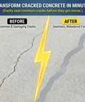 Before and after image showing cracks in concrete transformed using Dead Set Self Leveling Concrete Crack Filler 4 Pack Liquid Cement Sealant.