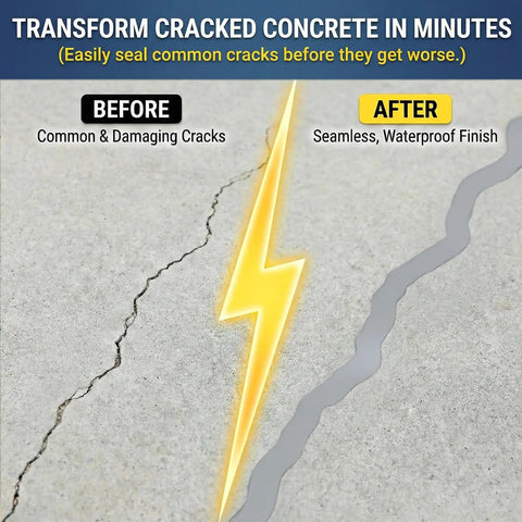 Before and after image showing cracks in concrete transformed using Dead Set Self Leveling Concrete Crack Filler 4 Pack Liquid Cement Sealant.
