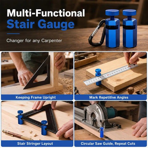 Stair Gauge Set For Framing Square With Holder For Circular Saw Guide And Carpentry Tools Hexagonal Lock And Hook Keeps Wood At A Perfect 90 Degree Angle So You Can Lock It In Fast And Reproduce Clean Right Angles Every Time, blue aluminum, two-piece