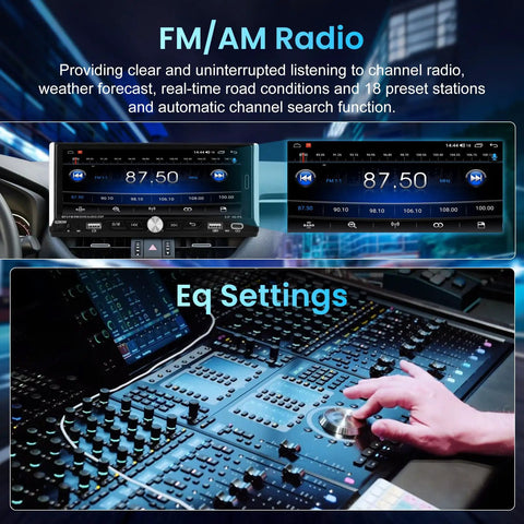 Single Din Car Stereo With Wireless Apple CarPlay And Android Auto 6.9 Inch IPS Touchscreen showing FM AM radio and EQ settings