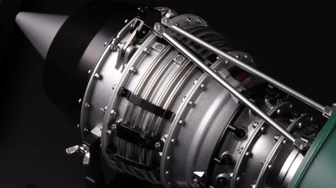 Close-up of a One-Tenth Scale Twin Spool Turbofan Engine Model Kit That Actually Runs With Metal CNC Finish, showing detail.