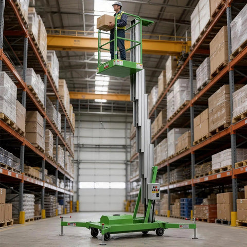 Worker using Rock Solid Electric Hydraulic Man Lift to stack boxes at height in a warehouse setting.