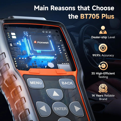 BT705Plus Car Battery Tester 24V 12V Load Tester And Alternator Tester For Fast, Accurate Battery Health Checks Even On Nearly Dead Batteries Built For Pros And DIYs Who Want Fast Results, Clear Readings, And Dependable Performance. handheld battery tester with keypad and display