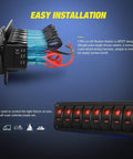 Side view of 8 Gang Rocker Switch Panel Kit with LED backlit on off switches, showcasing wiring for car RV boat marine use.