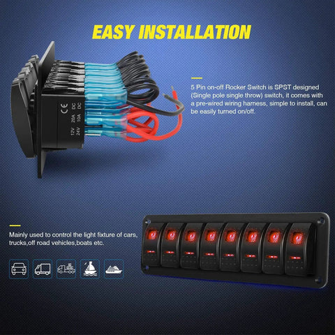 Side view of 8 Gang Rocker Switch Panel Kit with LED backlit on off switches, showcasing wiring for car RV boat marine use.