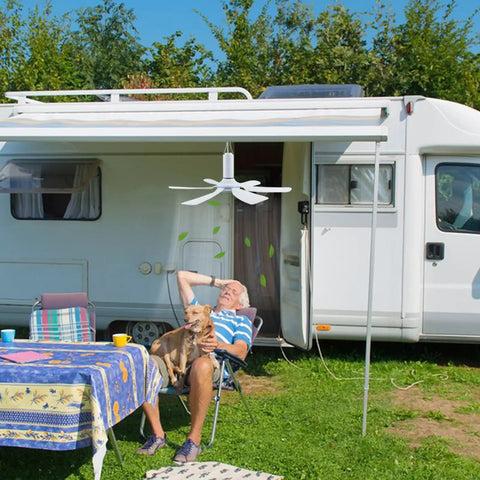 SCOOYEEES 17.7inch Portable Ceiling Fan USB Ceiling Fan Small Silent RV Fan hanging above a man relaxing outside a camper.