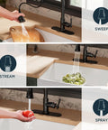 Premium Vintage Kitchen Faucet Featuring A Smooth Pull Down Sprayer and Heavy Duty Oil Rubbed Bronze Finish in use with multiple spray modes.