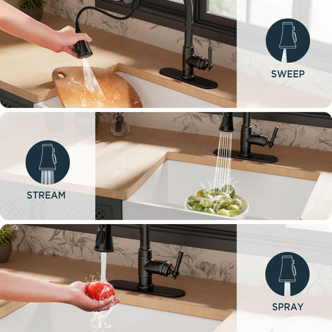 Premium Vintage Kitchen Faucet Featuring A Smooth Pull Down Sprayer and Heavy Duty Oil Rubbed Bronze Finish in use with multiple spray modes.