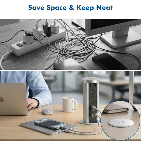 Pop Up Countertop Power Outlet With USB C And Four AC Sockets Slick Recessed Receptacle Pull Up Socket 10W Wireless Charger in office setup