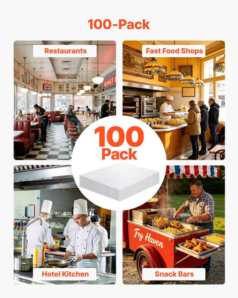 No Sweat Heavy Duty 100 Pack Deep Fryer Filter Papers For Commercial Kitchens 15 By 13 Inch Disposable Oil Strainer Sheets in busy food settings.