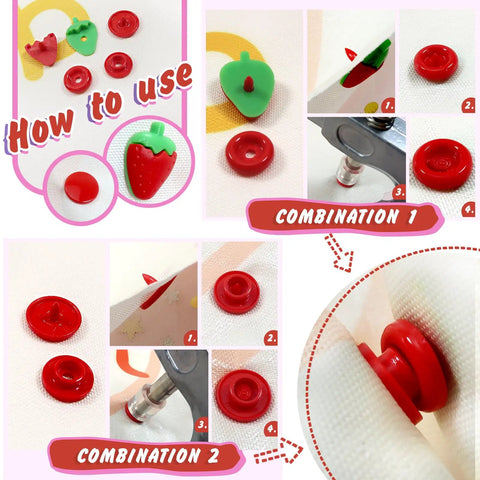 142 Sets Of Plastic Snap Button Fasteners No Sew DIY Snap Buttons in use, showing strawberry and green shapes for crafts and clothing