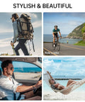Collage of activities: hiking, cycling, driving, and relaxing on a hammock by the beach, showcasing lifestyle with stylish sunglasses.