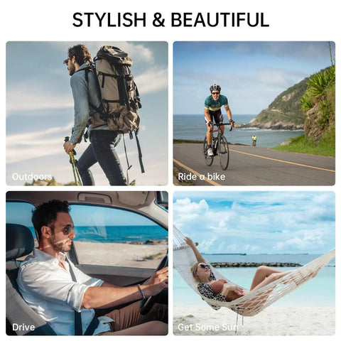 Collage of people wearing polarized clip-ons for Ray Ban Meta Wayfarer Gen 1/2 enjoying various outdoor activities