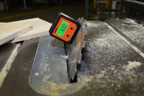 Magnetic Digital Angle Locator With LCD Backlit Display And Two Buttons, 0 To 90 Degrees, Pro Grade Compact Orange Tool on saw blade