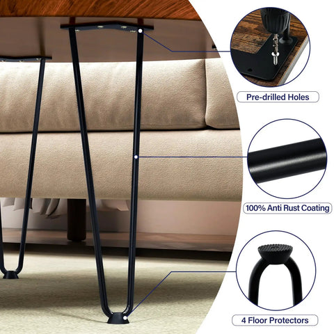 Hairpin Table Legs 18 Inch Set Of 4 Solid Steel Heavy Duty Black shown with pre-drilled holes, rust coating, and floor protectors.