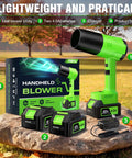 Cordless Leaf Blower With Turbo Power Beast 2x 4.0Ah Batteries And Charger Snow Blower Function displayed on rock outdoors