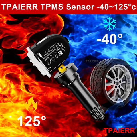 Solid Heavy Duty TPMS Tire Pressure Sensors With No Sweat Relearn Kit For Chevy Silverado Gmc Buick Cadillac 315 Mhz showing sensor with temperature range -40 to 125°C.