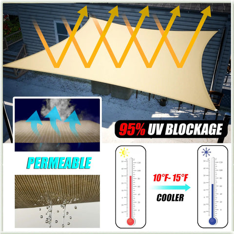 Beige Right Triangle Shade Sail Canopy 24x24x33.9 Ft, 200 GSM HDPE, Water Permeable And Breathable, Stainless Steel D Rings, installed view