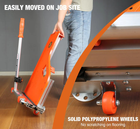 Heavy Duty 13 Inch Vinyl Floor Cutter With Wheels Built Tough For No Sweat Trimming Of LVP LVT VCT SPC WPC Engineered Wood Laminate Cutting showing solid polypropylene wheels for easy transport.