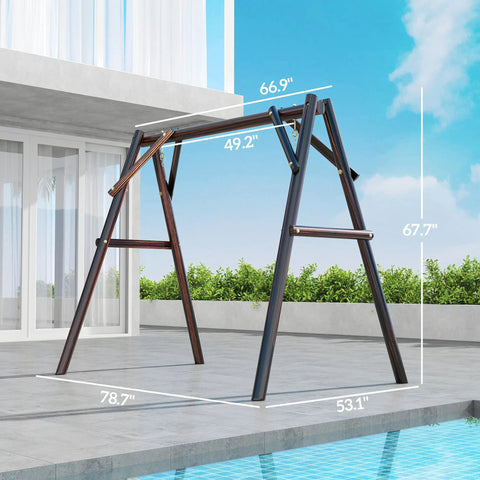 Heavy Duty A-Frame Porch Swing Stand For Outdoor Use Free-Standing Wooden Swing Frame With 660 Lb Capacity next to a pool