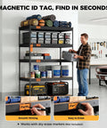Beefy 4000 Lbs Five Tier Metal Garage Shelving Unit With 72 Inch High, 48 Inch Wide, 24 Inch Deep, Matte Black Powder Coat Finish, Heavy Duty Steel Storage Rack Built To Last In Tough Garage with labeled bins and tools