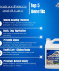 Image of Easy Spray On Granite And Stone Countertop Sealer highlighting top 5 benefits, bottle displayed with text on blue background