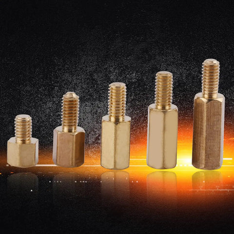 Three Millimeter Brass Standoff Kit For PCBs And DIY Electronics With Hex Male And Female Ends displayed in various sizes