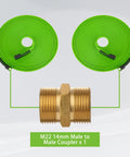 Two lime-green pressure washer hoses coiled with a brass M22 14mm male-to-male coupler in the center