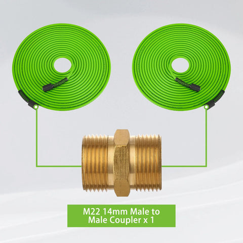 Two lime-green pressure washer hoses coiled with a brass M22 14mm male-to-male coupler in the center