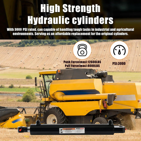 Heavy Duty Double Acting Hydraulic Cylinder By Kingway 2 Point Five Inch Bore Eighteen Inch Stroke Three Thousand PSI SAE Port on a farm tractor.