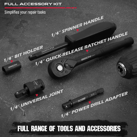 64 Piece One Quarter Inch Drive Impact Socket Set With Deep And Shallow Sockets Cr-V And S2 Power Bits Quick Release Ratchet