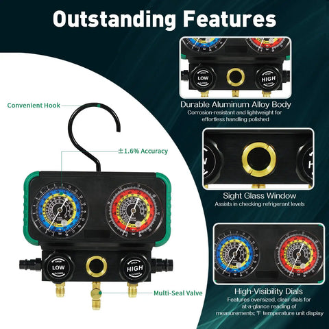 All In One Three Way AC Manifold Gauge Set With R1234yf R134a R404a Compatibility Quick Couplers R134a To R1234yf Adapters Three Can Taps Hoses Fahrenheit Display Pro Grade Auto And Home AC Service Kit, visible gauges and valves