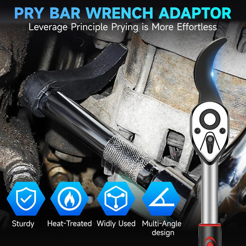 Two Pack Pry Bar Wrench Adaptor Heads for Half Inch Drive Ratchets with 8 Point Square Profile and 90 Degree Hammerable Rolling Head