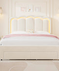 Full Size Beige Velvet Platform Bed Frame With Soft Led Lighting And Dual Gliding Storage Drawers Plus Adjustable Wavy Headboard.