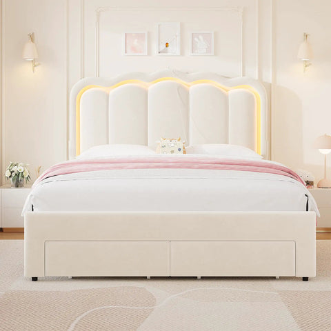 Full Size Beige Velvet Platform Bed Frame With Soft Led Lighting And Dual Gliding Storage Drawers Plus Adjustable Wavy Headboard.
