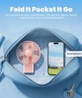 Rechargeable Handheld Fan Portable Mini Fan With 3000mAh Battery 10 Hour Runtime in blue bag beside smartphone