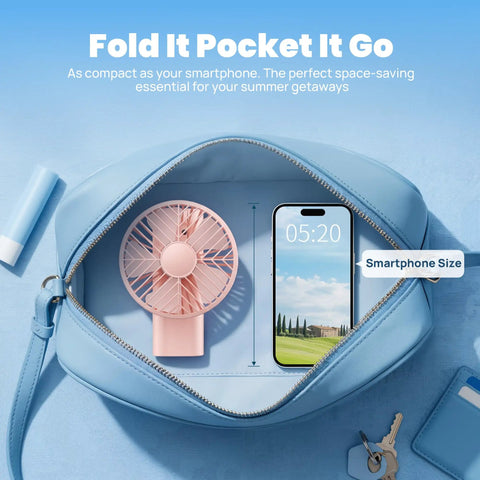 Rechargeable Handheld Fan Portable Mini Fan With 3000mAh Battery 10 Hour Runtime in blue bag beside smartphone
