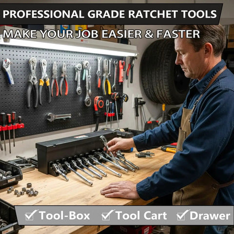 Man using Magnetic Ratchet Organizer Set for One Quarter Inch Three Eighth Inch And One Half Inch Ratchets on a workbench in garage.