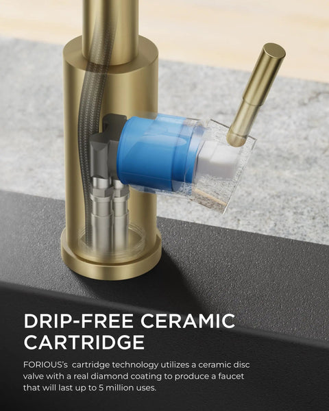 Gold Kitchen Faucet With Pull Down Sprayer In Stainless Steel Single Handle Sink Faucet For Farmhouse Kitchen RV Bar Includes Deck Plate For One Or Three Holes showing drip-free ceramic cartridge