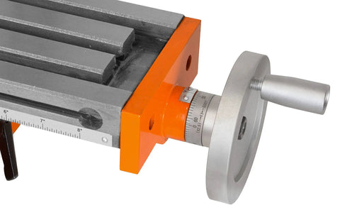Close-up of X-axis scale on Compact Benchtop Milling Machine With R8 Taper, Variable Speed 100 To 2500 RPM, 4.5A Single Phase