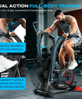 Man exercising on Indoor Upright Air Resistance Fan Bike With Bluetooth, Infinite Air System, showing dual action handlebars