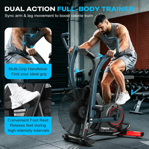 Man exercising on Indoor Upright Air Resistance Fan Bike With Bluetooth, Infinite Air System, showing dual action handlebars