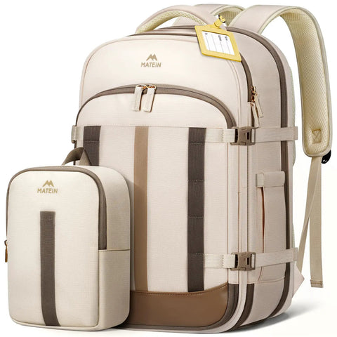 Frontier Friendly Under Seat Personal Item Backpack For Women Waterproof Travel Bag With Luggage Tag And Rain Cover Fits 17.3 Inch Laptops Lightweight TSA Approved Two Piece Set shown in beige color with luggage tag and rain cover.