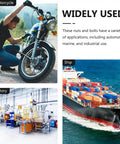 Images of motorcycle repair, ship at sea, and factory assembly line showcasing the versatility of an 18 Piece Stainless Steel M6 Motorcycle Battery Bolt Kit With Nuts And Washers For Terminal Connectors, Heavy Duty ATV And Industrial Use, DIY Projects Ready To Roll.