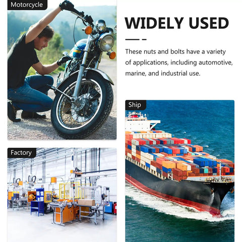 Images of motorcycle repair, ship at sea, and factory assembly line showcasing the versatility of an 18 Piece Stainless Steel M6 Motorcycle Battery Bolt Kit With Nuts And Washers For Terminal Connectors, Heavy Duty ATV And Industrial Use, DIY Projects Ready To Roll.