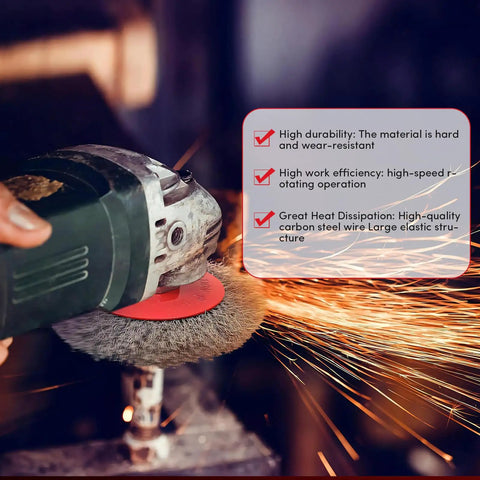 12 Piece Angle Grinder Wire Brush Kit Pro Grade Heavy Duty Carbon Steel Includes Three 4 Inch Knotted Wheels Three 4 Inch Crimped Wheels Three 3 Inch Knotted Cup Brushes And Three 3 Inch Crimped Cup Brushes With Five Eighths Inch Arbor For Rapid Rust in use showing sparks and performance details