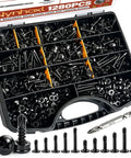 Heavy Duty Metal Screws Kit 1280-Piece Self Tapping And Self Drilling Set with truss head screws and washers in a case.
