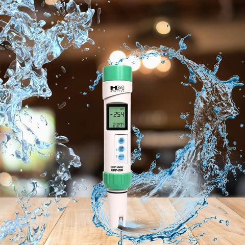 Waterproof ORP Meter With Temperature Readout, Auto Ranging Calibration, 1 mV Resolution, IP67 Housing with water splash effect